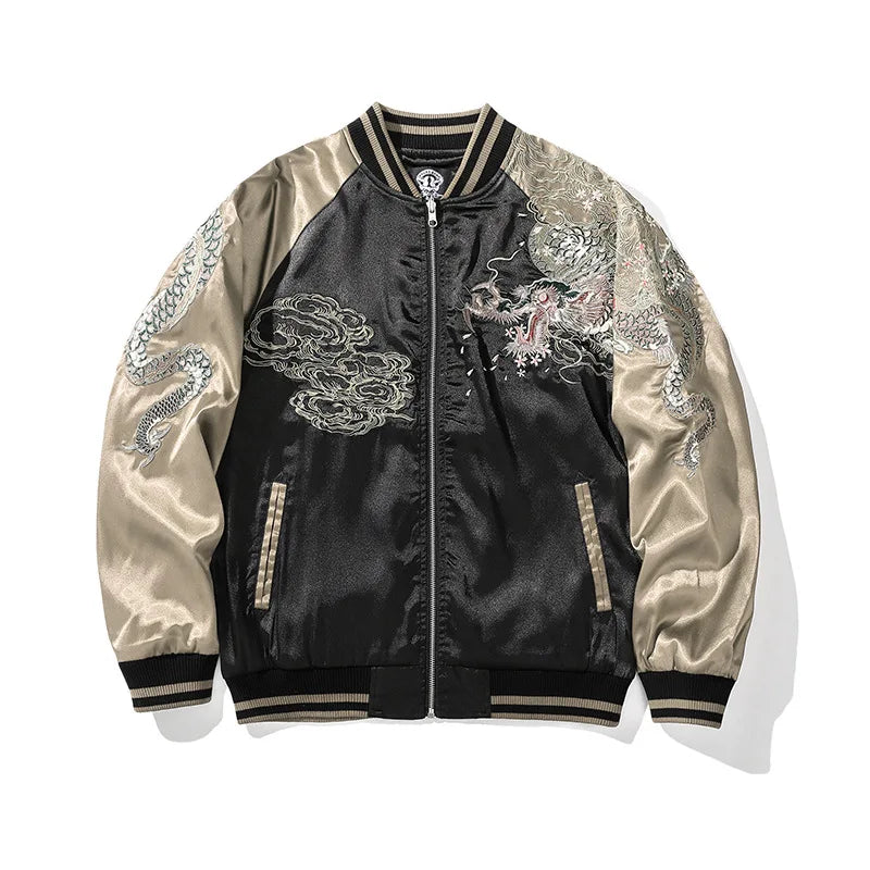 Vintage Streetwear Japanese Sukajan Souvenir Jacket 2025 Autumn Chinese Dragon Embroidered Jacket Loose Coat Varsity Jacket