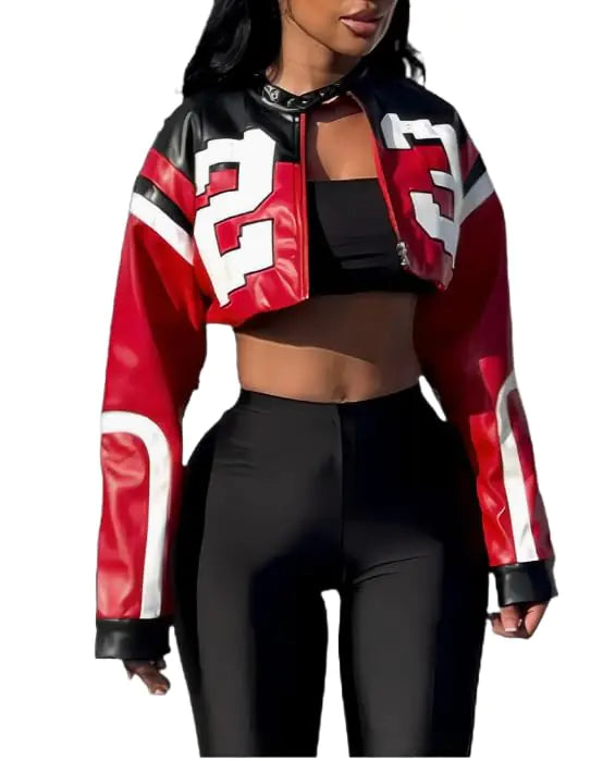 Leather Jacket Cropped Jacket Motorcycle Jacket Y2K Letter Bomber Jacket Women Faux Leather Jacket Streetwear